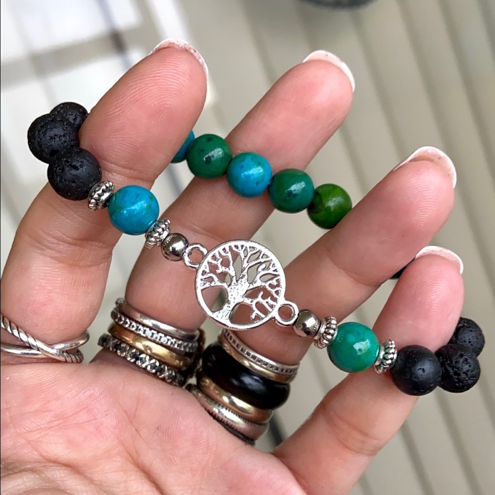 Chrysocolla lava rock tree of life bead bracelet - Picture 3 of 11